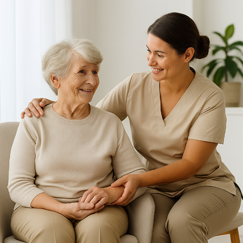 Equipe MariCare cuidando de idosos e oferecendo serviços de beleza
